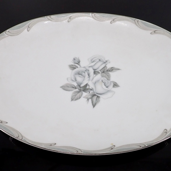 Vtg Japanese Broadway Rose Pattern Fine China Platter Silver Trim Grey on White - Picture 8 of 13